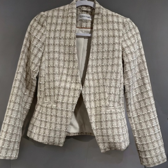 Calvin Klein Fringe Tweed Open Front Blazer Jacket in Tan & Cream Size 2 Petite - Picture 13 of 14
